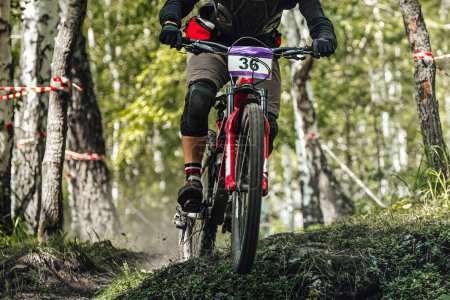Photo for Athlete rider on downhill bike riding forest trail, racing DH mountain bike, extreme summer sport games - Royalty Free Image
