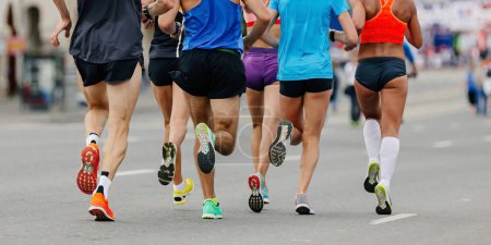 back legs group runners run marathon, female and male athletes jogging city race, sole running shoes