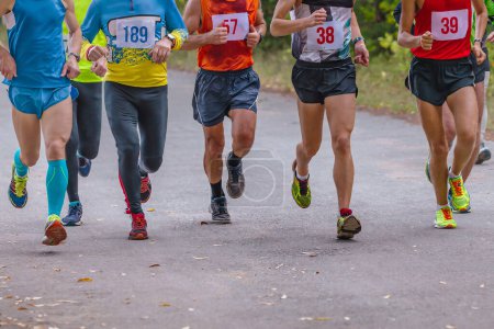 Téléchargez les photos : Petits groupes athlètes coureurs course sur route dans le parc, marathon d'automne, feuilles jaunes tombées sur le sol - en image libre de droit