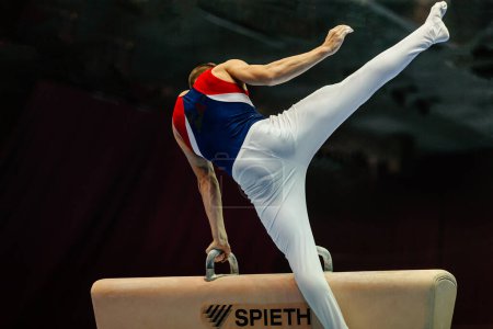 Foto de Espalda ejercicio de gimnasta en caballo de pomo en los juegos de gimnasia de verano, empresa de aparatos Spieth Alemania - Imagen libre de derechos