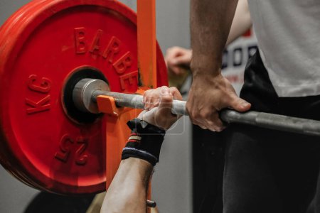 Photo for Hand powerlifter hold bar barbell before bench press powerlifting competition, power sports games - Royalty Free Image