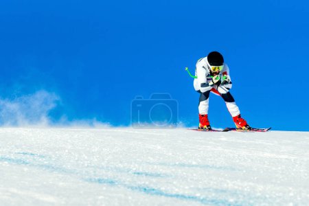 Photo for Male ski racer on alpine skiing track downhill race, winter sports games - Royalty Free Image