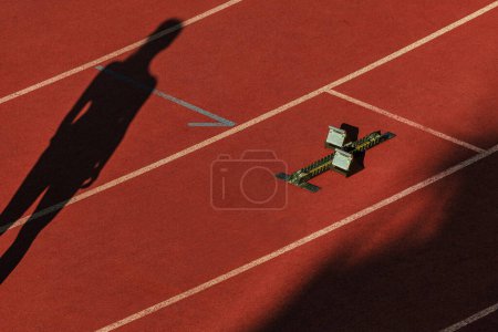 Photo for Black silhouette female athlete on red track stadium, start race and starting blocks - Royalty Free Image