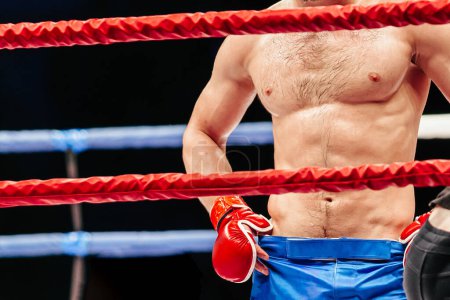 Foto de Luchador en guantes rojos de pie en el ring después de la pelea MMA, atleta torso desnudo sudoroso - Imagen libre de derechos