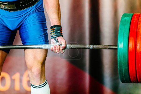 Photo for Deadlift in powerlifting competition, body part athlete powerlifter and barbell with plates - Royalty Free Image