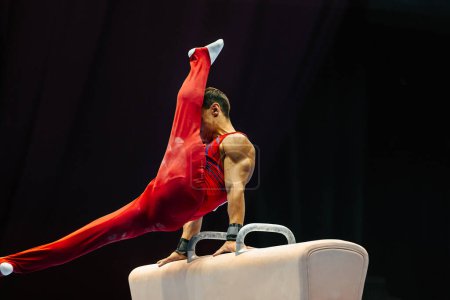 Photo for Gymnast exercise pommel horse in championship gymnastics, support with hands on horse, swing feet - Royalty Free Image