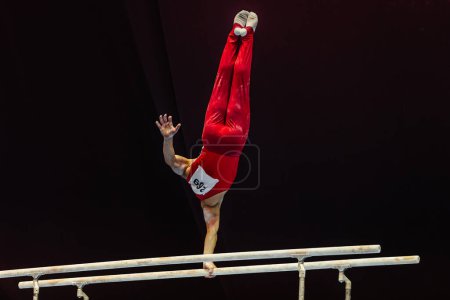 Photo for Gymnast exercise parallel bars in championship gymnastics, element one-arm stand - Royalty Free Image