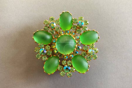 Photo for Vintage Henry Schreiner brooch, unique brooch, with delicious mint-colored cabochons and Aurora Borealis crystals - Royalty Free Image