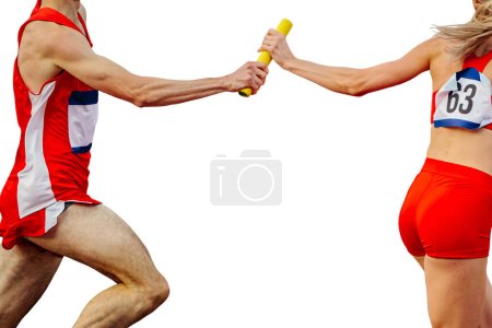 Téléchargez les photos : Piste mixte et équipe d'athlétisme course relais en athlétisme d'été, isolé sur fond blanc - en image libre de droit