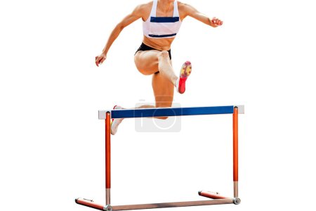 Photo for Female athlete running 400 meters hurdles race in summer athletics championships, isolated on white background - Royalty Free Image
