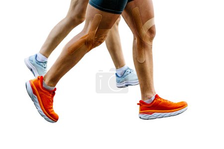 Photo for Close-up legs couple runners man and woman running marathon race together isolated on white background - Royalty Free Image