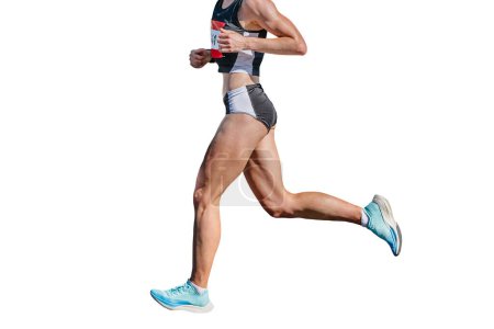 Foto de Vista lateral atleta corredor femenino corriendo carrera maratón de la ciudad, aislado sobre fondo blanco - Imagen libre de derechos