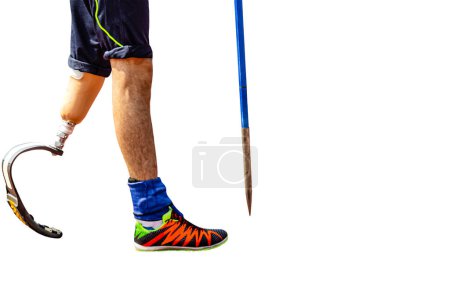 Photo for Leg on prosthesis male athlete with spear at athletics isolated on white background, summer para sports games - Royalty Free Image