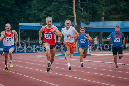 Photo for Chelyabinsk, Russia - August 28, 2015: group runners athletes 60 years old running race in masters athletics summer competition - Royalty Free Image