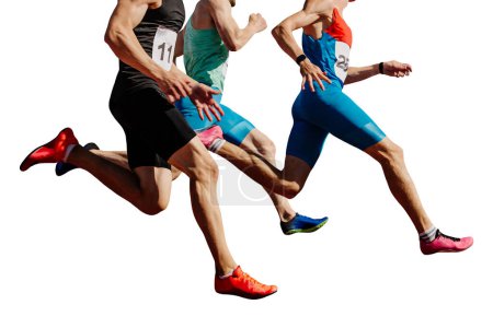 Photo for Three male athletes sprinting on track, muscles taut, competing fiercely, isolated on white background - Royalty Free Image