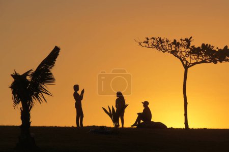Téléchargez les photos : Silhouettes de jeunes trois personnes profitant d'un coucher de soleil serein, entouré par la beauté des natures - en image libre de droit