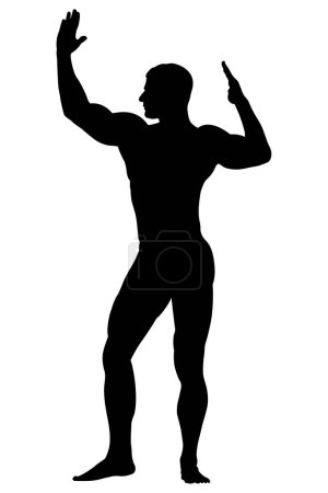 Illustration for Black silhouette athlete bodybuilder with raised muscular arms - Royalty Free Image