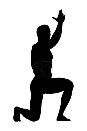 Illustration for Athletic bodybuilder stands on knee hand at top black silhouette - Royalty Free Image