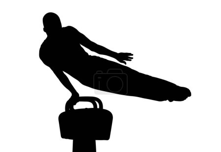 Téléchargez les illustrations : Athlète gymnaste exercice sur pommeau cheval noir silhouette - en licence libre de droit