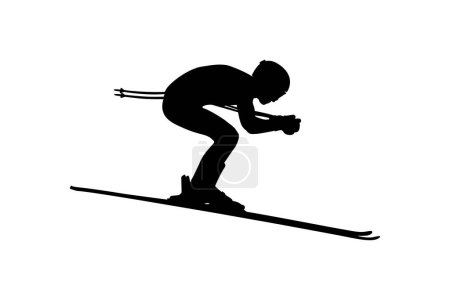 Téléchargez les illustrations : Ski alpin hommes vue de côté descente silhouette noire - en licence libre de droit