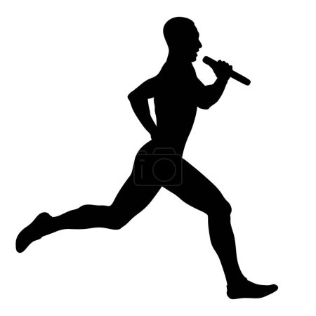 Illustration for Male runner with baton run relay race black silhouette on white background, vector illustration, summer sports games - Royalty Free Image