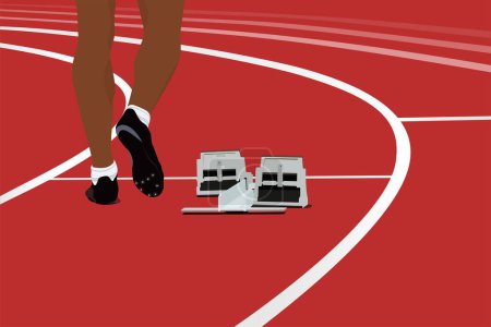 Ilustración de Atleta corredor y bloques de partida en pista de atletismo estadio - Imagen libre de derechos