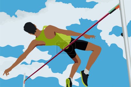 Illustration for Athlete jumping high jump in background of blue sky and clouds - Royalty Free Image