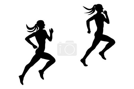 Illustration for Two slender female runner athlete running silhouette black - Royalty Free Image