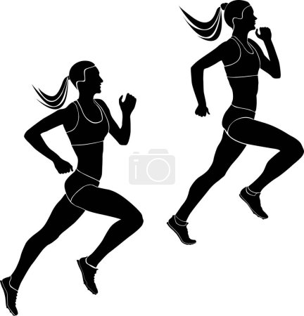 Téléchargez les illustrations : Deux athlètes féminines coureuses courent des silhouettes noires - en licence libre de droit