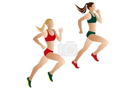 Ilustración de Dos mujeres atletas corredores siluetas de color - Imagen libre de derechos