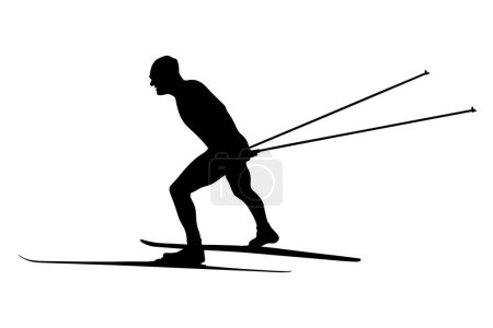 Téléchargez les illustrations : Ski de fond race homme skieur noir silhouette sur fond blanc, illustration vectorielle de sport - en licence libre de droit