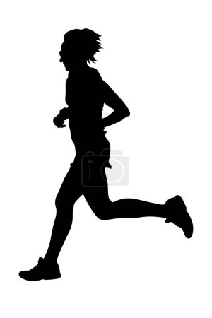 Illustration for Woman runner running marathon race side view, black silhouette on white background, sports vector illustration - Royalty Free Image
