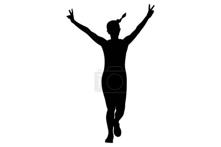 Téléchargez les illustrations : Coureuse faisant signe mains paix vue de face, silhouette noire sur fond blanc, illustration vectorielle - en licence libre de droit
