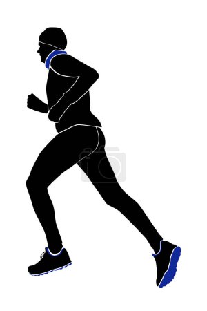 Illustration for Male runner running cold winter weather in hat, gloves and scarf, black silhouette on white background, vector illustration - Royalty Free Image