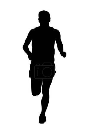 Illustration for Male runner athlete running front view, black silhouette on white background, sports vector illustration - Royalty Free Image