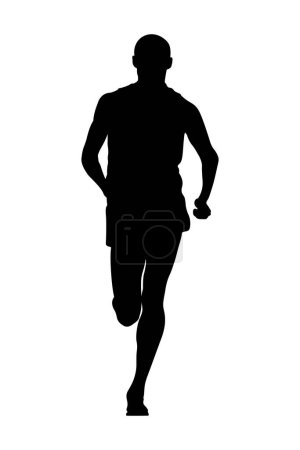 Illustration for Male runner athlete running front view, black outline on white background, sports vector illustration - Royalty Free Image