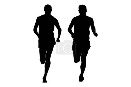 Illustration for Two male runners runnning together marathon race front view, black silhouette on white background, sports vector illustration - Royalty Free Image