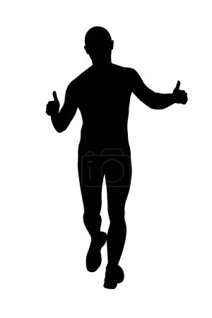 Ilustración de Corredor masculino carrera, pulgar hacia arriba señal, silueta negra sobre fondo blanco, vector deportivo ilustración - Imagen libre de derechos