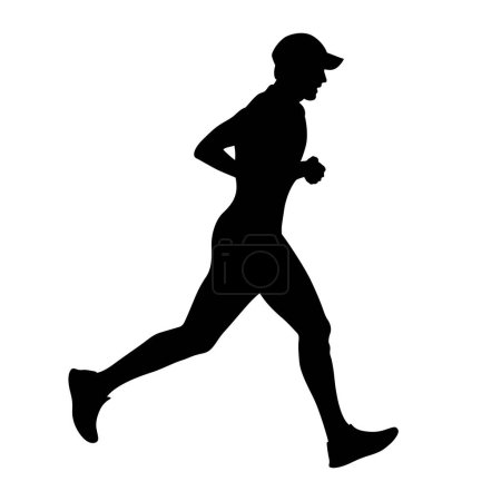 Téléchargez les illustrations : Silhouette noire coureur masculin en chapeau marathon de course sur fond blanc, illustration vectorielle de sport - en licence libre de droit