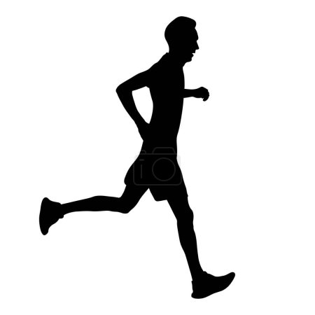 Illustration for Runner athlete run down slope from mountain black silhouette on white background, sports vector illustration - Royalty Free Image