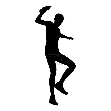 Téléchargez les illustrations : Athlète coureur descendant la montagne avec bouteille d'eau à la main silhouette noire sur fond blanc, illustration vectorielle de sport - en licence libre de droit