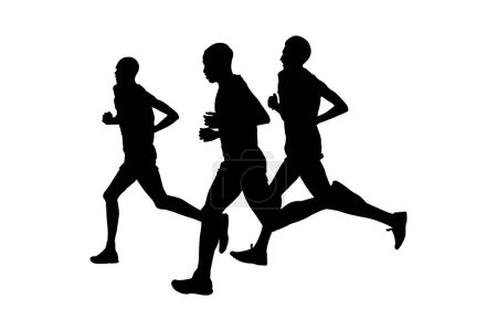 Illustration for International group male runners from Kenya and Europe running marathon, black silhouette on white background, vector illustration, summer olympic games - Royalty Free Image