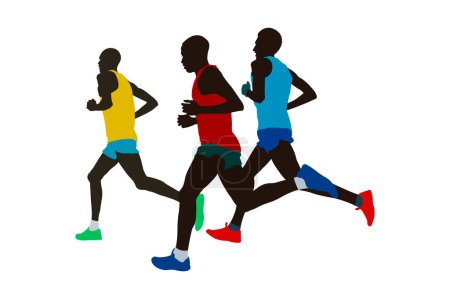 Ilustración de Grupo líder corredores internacionales atletas corriendo maratón, silueta de colores sobre fondo blanco, ilustración vectorial, juegos olímpicos de verano - Imagen libre de derechos