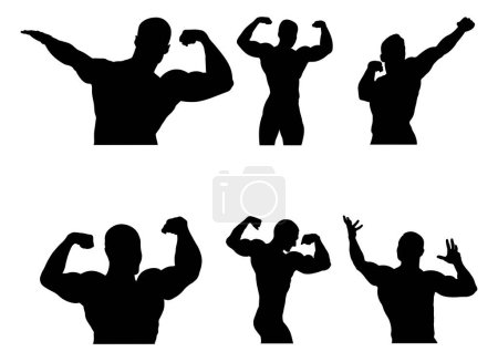 set group male athletes bodybuilders at bodybuilding black silhouette on white background, sports vector illustration