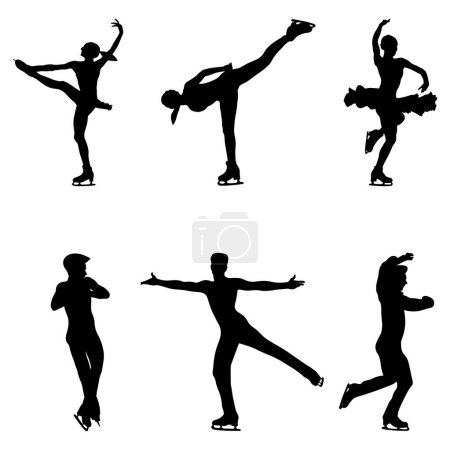 Set junge weibliche und männliche Athleten Skater in Eiskunstlauf schwarze Silhouette auf weißem Hintergrund, Sport Vektor Illustration