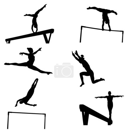 Set Sportlerinnen Turnen Silhouette Ausgleichsbalken, unebener Stufenbarren, Boden auf weißem Hintergrund, Sport-Vektordarstellung, Weltmeisterschaft