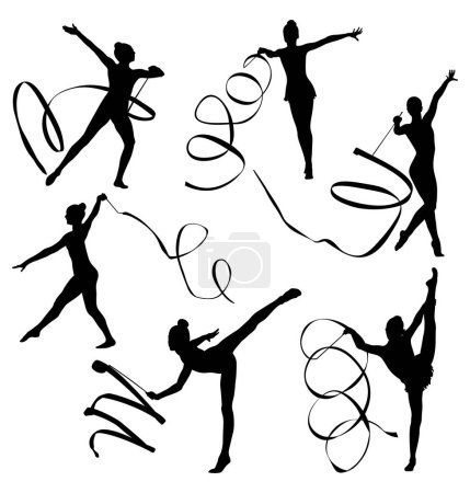 Téléchargez les illustrations : Ensemble gymnastique rythmique gymnastique féminine exercice avec ruban silhouette noire sur fond blanc, illustration vectorielle de sport - en licence libre de droit