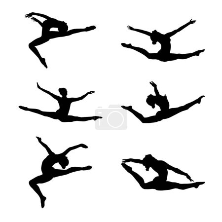 Téléchargez les illustrations : Set groupe gymnaste fille faire split saut exercice en gymnastique artistique silhouette noire sur fond blanc, illustration vectorielle de sport - en licence libre de droit