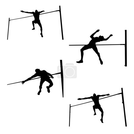 Ilustración de Conjunto negro silueta atleta salto de altura sobre fondo blanco, vector deportivo ilustración, deportes olímpicos de verano - Imagen libre de derechos
