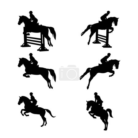 Téléchargez les illustrations : Set groupe équestre sport femme et homme cavalier en cheval noir silhouette sur fond blanc, illustration vectorielle sport - en licence libre de droit
